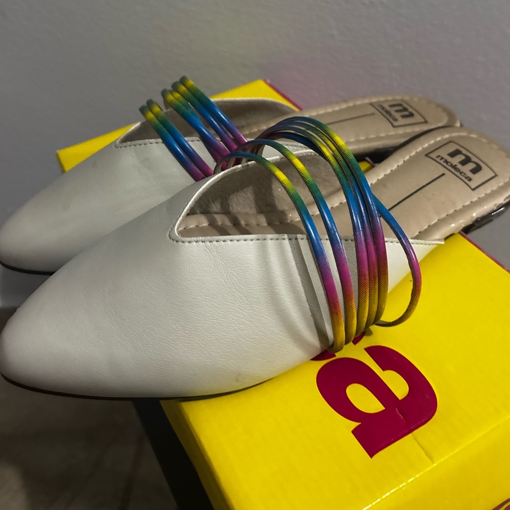 White Slip-On Mules with Rainbow Strap Detail